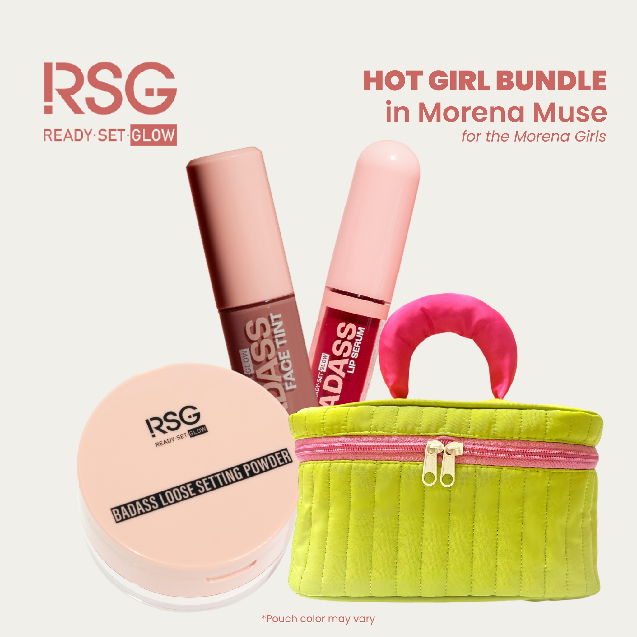 Ready Set Glow RSG Hot Girl Bundle w/ Puffy Pouch | Badass Loose Powder , Badass Lip Serum, Badass Face Tint Trio