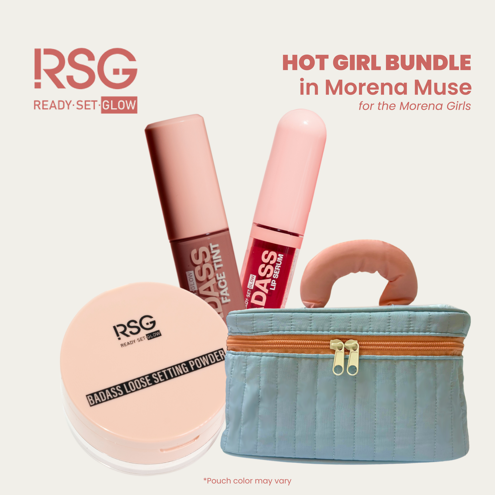 Ready Set Glow RSG Hot Girl Bundle w/ Puffy Pouch | Badass Loose Powder , Badass Lip Serum, Badass Face Tint Trio